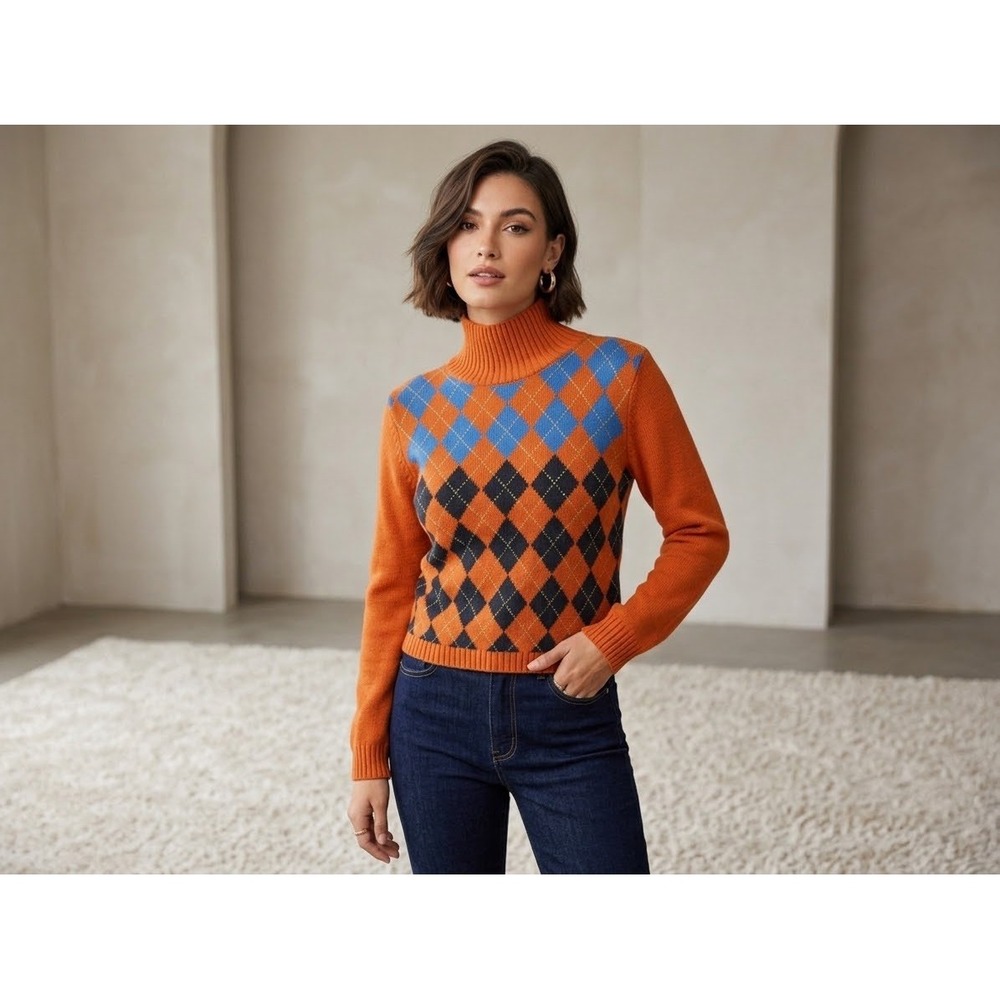 Vintage Y2K Calvin Klein Jeans Argyle Sweater Womens L Mock Neck Eclectic Indie